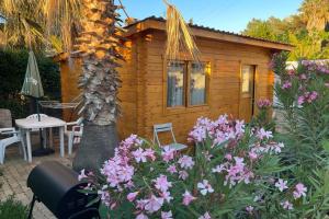 una piccola cabina in legno con tavolo e fiori di Chalet belle vue, jacuzzi, piscine, terrasse, climatisé a Marseillan