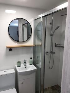 a bathroom with a shower and a sink and a mirror at Apartamenty Chris in Augustów