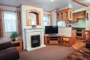 sala de estar con chimenea y TV en Aaranmore Mobile Home en Portrush