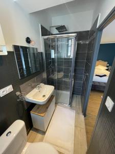 a bathroom with a shower and a toilet and a sink at La pause du canal in Trèbes