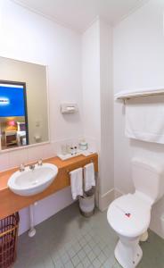 a bathroom with a sink and a toilet and a mirror at Coral Tree Inn in Cairns