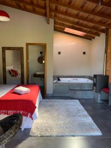 a bedroom with a bed and a tub in a room at Chalé dos Pássaros in Gramado