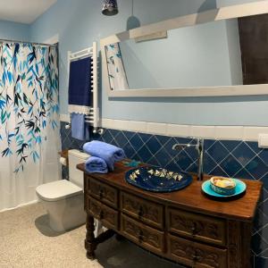 Terrades的住宿－Casa rural Cal Fuster Experience，一间带水槽、卫生间和镜子的浴室