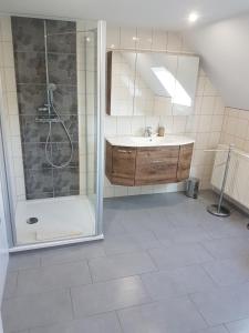 a bathroom with a shower and a sink at Pension Zur Eiche in Drebenstedt