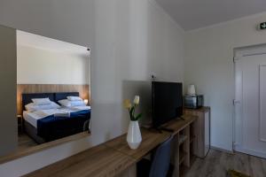 een slaapkamer met een bed en een televisie in een spiegel bij Tulip Garden Panzió in Kékcse