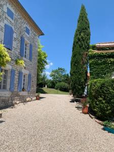 a tree next to a house with a gravel driveway at Le pigeonnier in Le Verdier