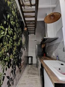 uma cozinha com um lavatório e uma parede de plantas em Jardin Vieux Port Panier em Marselha