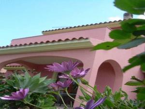 una casa rosa con flores púrpuras delante de ella en Ariedo Bed And Breakfast en Capoterra