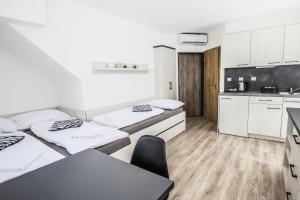 Pokój z 2 łóżkami i stołem oraz kuchnią w obiekcie Hotel U Pláže w mieście Vranov nad Dyjí
