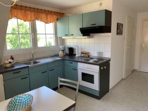 a kitchen with blue cabinets and a stove and a table at Wiesenblick in Grube