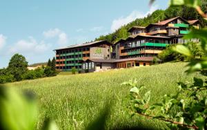un grande edificio in cima a una collina con un campo di Natura Hotel Bodenmais a Bodenmais