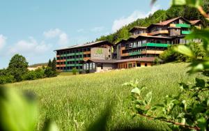 ein großes Gebäude auf einem Hügel mit einem Feld in der Unterkunft Natura Hotel Bodenmais in Bodenmais