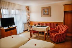 una camera d'albergo con tavolo e TV di App.-Haus zur Europa-Therme a Bad Füssing