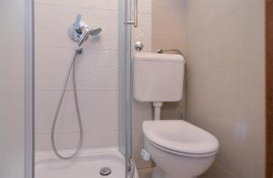 a small bathroom with a toilet and a shower at Apartments Marijan 105 in Pula