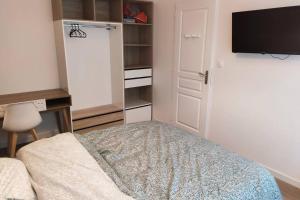 a bedroom with a bed and a tv and a closet at Appartement 3 chambres, 3 salles d'eau in Saint-Herblain