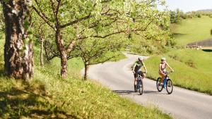 two people riding bikes down a road at Landgut am Pößnitzberg in Leutschach