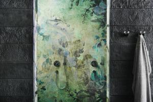 a shower in a bathroom with a painting on the wall at Landgut am Pößnitzberg in Leutschach