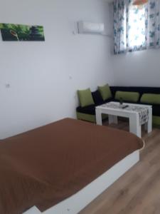 Cette chambre comprend un lit, un canapé et une table. dans l'établissement студия ЛИЛИЯ, à Tsarévo