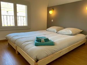 ein Bett mit einer blauen Tüte darüber. in der Unterkunft Appartement Prox Lycée Arago in Perpignan