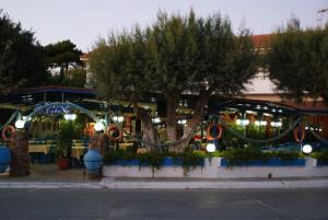 a building with a tree in the middle of a street at Galazio Limani - Rooms to let in Moúdhros