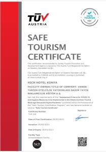 un folleto para un certificado de turismo de emplazamiento en rojo y blanco en Hich Hotel Konya en Konya