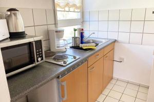 a kitchen with a sink and a microwave at 1 Zimmer Apartment mit Balkon in Glauchau