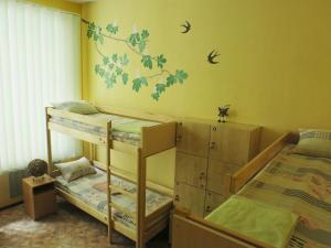 ein Schlafzimmer mit 2 Etagenbetten und einer Wand mit Vögeln darauf in der Unterkunft Hostel Delil in Kiew