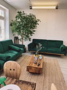 salon z zielonymi kanapami i stolikiem kawowym w obiekcie FeWo Braustube Alte Brauerei Friedrichshafen w mieście Friedrichshafen