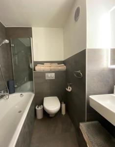a bathroom with a toilet and a tub and a sink at STUDIO CONFORT & DETENTE in Chesières