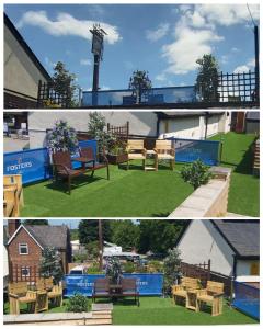 duas imagens de um jardim com bancos e mesas em Railway Inn em Culham