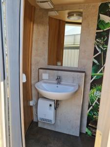 a bathroom with a sink and a mirror at Schlaffässer am Schmetterlingspark in Uslar