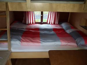 a bed in the bottom bunk of a bunk bed at Schlaffässer am Schmetterlingspark in Uslar +2 photos