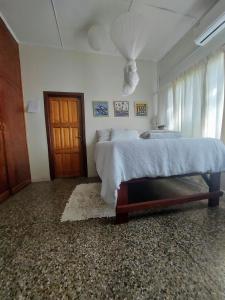 a bedroom with a bed and a window and a door at Hechtech House in Accra