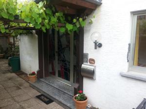 une porte d'entrée d'une maison avec des plantes en pot dans l'établissement Ferienhaus An der Mosel, à Zell