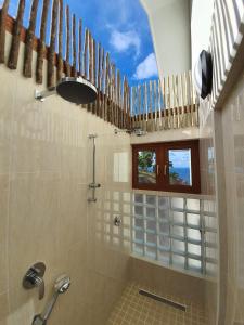 a bathroom with a shower with a window and a glass door at Terrasse Sur Lazio in Anse Lazio