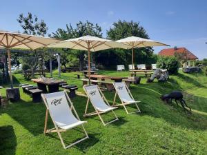 een groep tafels en stoelen met parasols bij Turistična Kmetija Puklavec in Zasavci