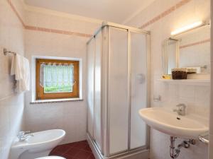 a bathroom with a shower and a sink and a toilet at Ciasa Lino Aloch in Pozza di Fassa +20 photos