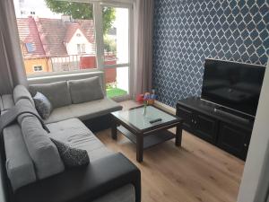 ein Wohnzimmer mit einem Sofa und einem Flachbild-TV in der Unterkunft 300 metrów od plaży / 300 meters from the beach in Danzig