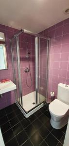 uma casa de banho roxa com um chuveiro e um WC em PIO XII - ALOJAMENTO LOCAL em Ponta Delgada