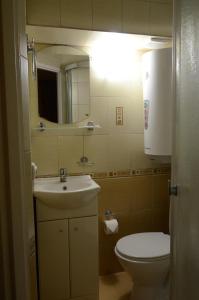 a bathroom with a toilet and a sink and a mirror at Burger Plus Inn in Lviv