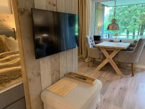 uma sala de estar com uma grande televisão de ecrã plano na parede em ferienapartment hahnenklee Apart.3 em Hahnenklee-Bockswiese