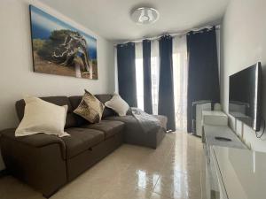 雷斯廷加的住宿－Don Mero Pancho，客厅配有棕色沙发和电视