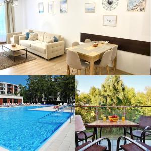 a collage of photos with a pool and a living room at SOPHIE APARTMENT Polanki in Kołobrzeg