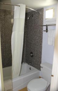 uma casa de banho com um WC e um chuveiro com uma cortina de chuveiro em Fairway Inn em Fort Walton Beach