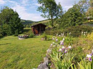 a garden with a cabin in the background with flowers at Bungalow Camping Edelweiss - Floare de colt - Gyopár in Rimetea