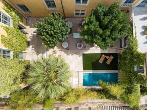 an overhead view of a yard with a swimming pool and trees at Margaret - Hôtel Chouleur in Nîmes
