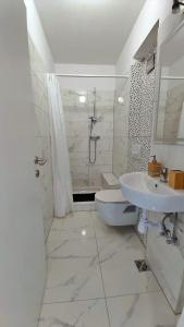 een badkamer met een wastafel, een toilet en een douche bij Apartments Zorica in Duće