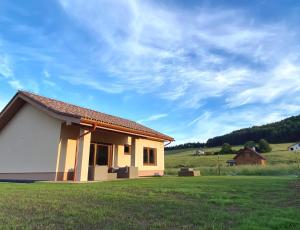 a small house in a field with a cloudy sky at Panorama Home Valča in Valča