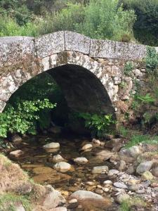 un vecchio ponte di pietra su un ruscello d'acqua di Casa do Doutor Palheiro a Travassos