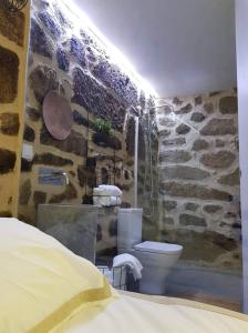 uma casa de banho em pedra com um chuveiro e um WC em Casa do Doutor Palheiro em Travassos